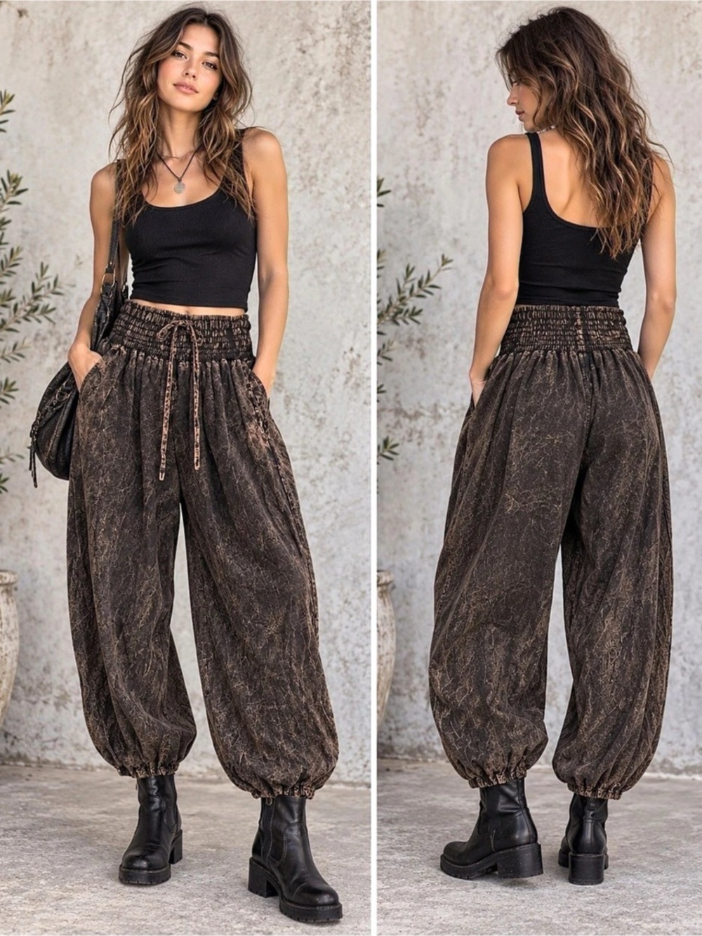 Kathmandu Imports Acid Wash Harem Pants Brown Black Cotton Boho Grunge